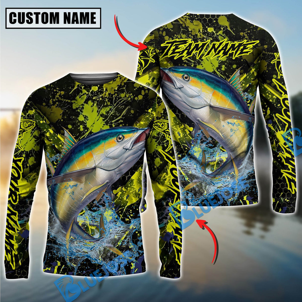 Bluejose Tuna Fishing Neon Splash Custom Name &amp; Team Name 3D Shirts