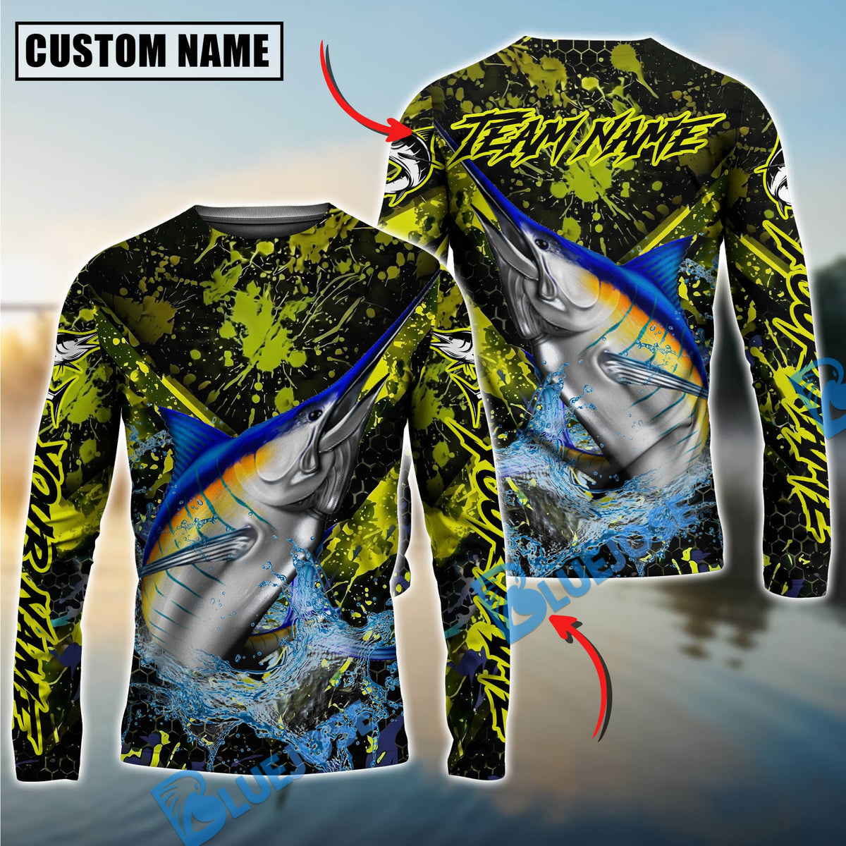 Bluejose Marlin Fishing Neon Splash Custom Name &amp; Team Name 3D Shirts