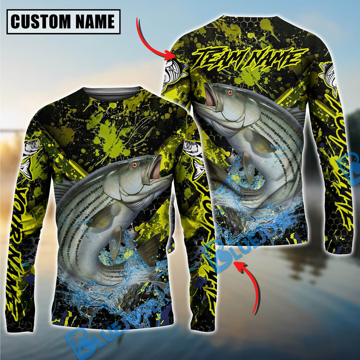Bluejose Striped Bass Fishing Neon Splash Custom Name &amp; Team Name 3D Shirts