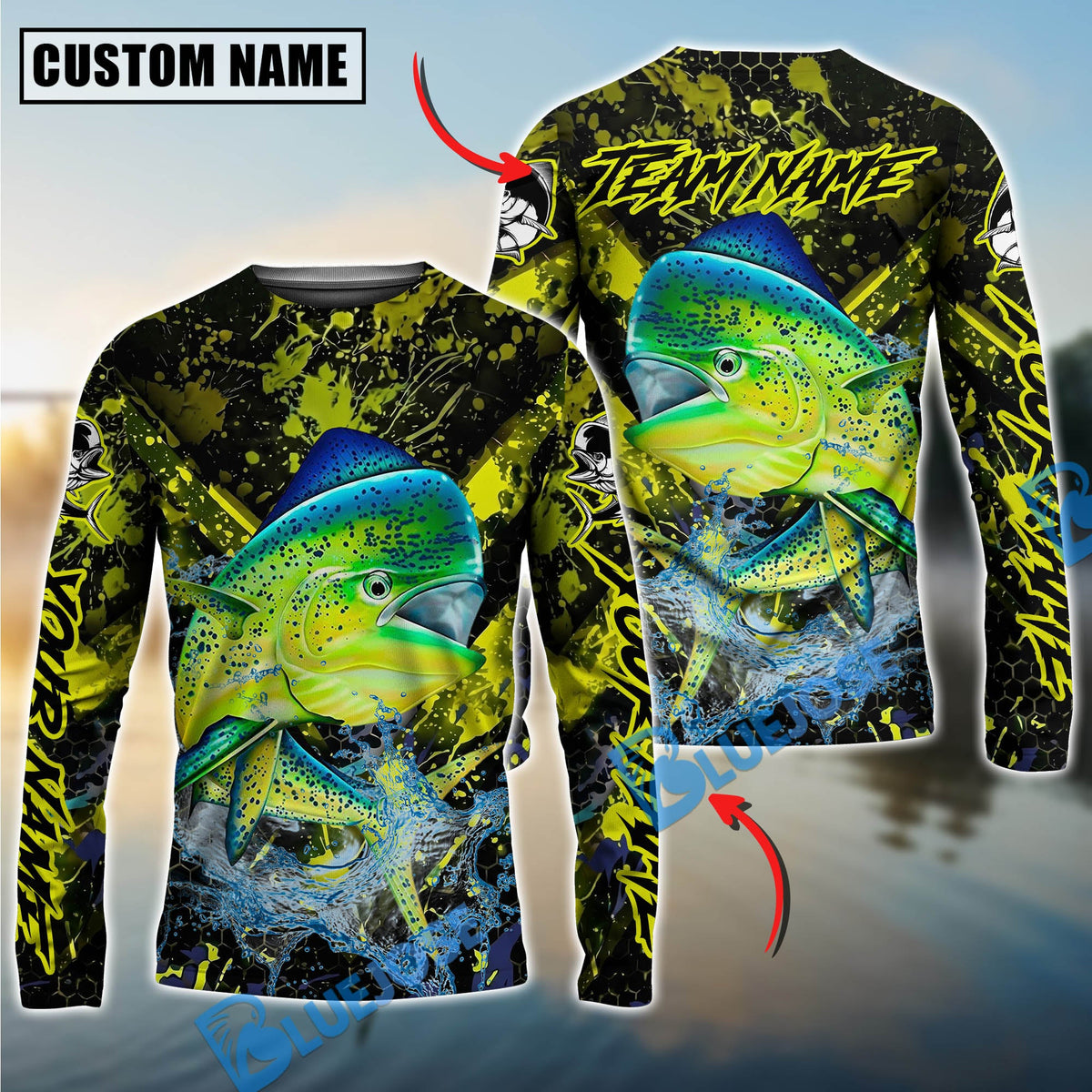 Bluejose Mahi-Mahi Fishing Neon Splash Custom Name &amp; Team Name 3D Shirts