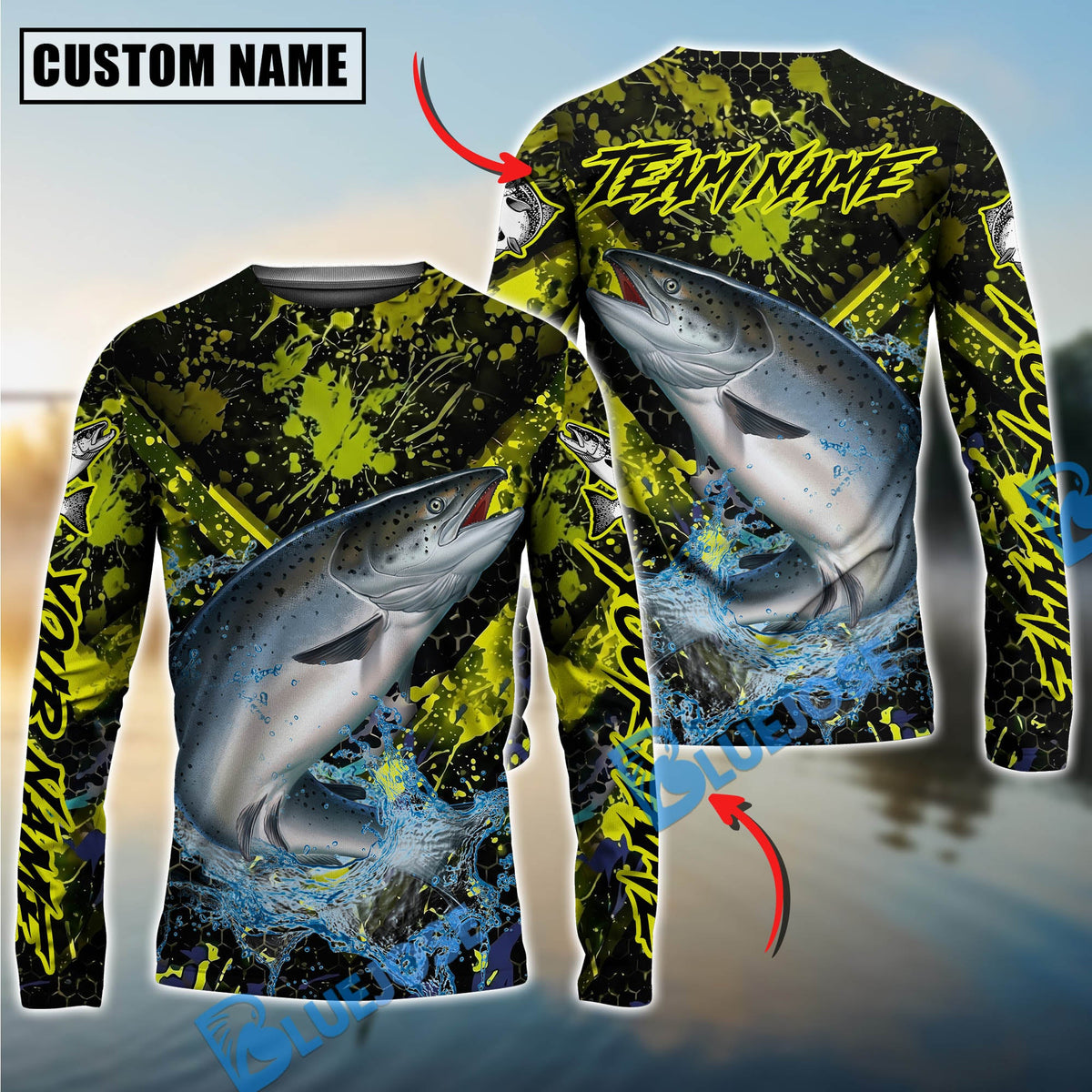 Bluejose Salmon Fishing Neon Splash Custom Name &amp; Team Name 3D Shirts