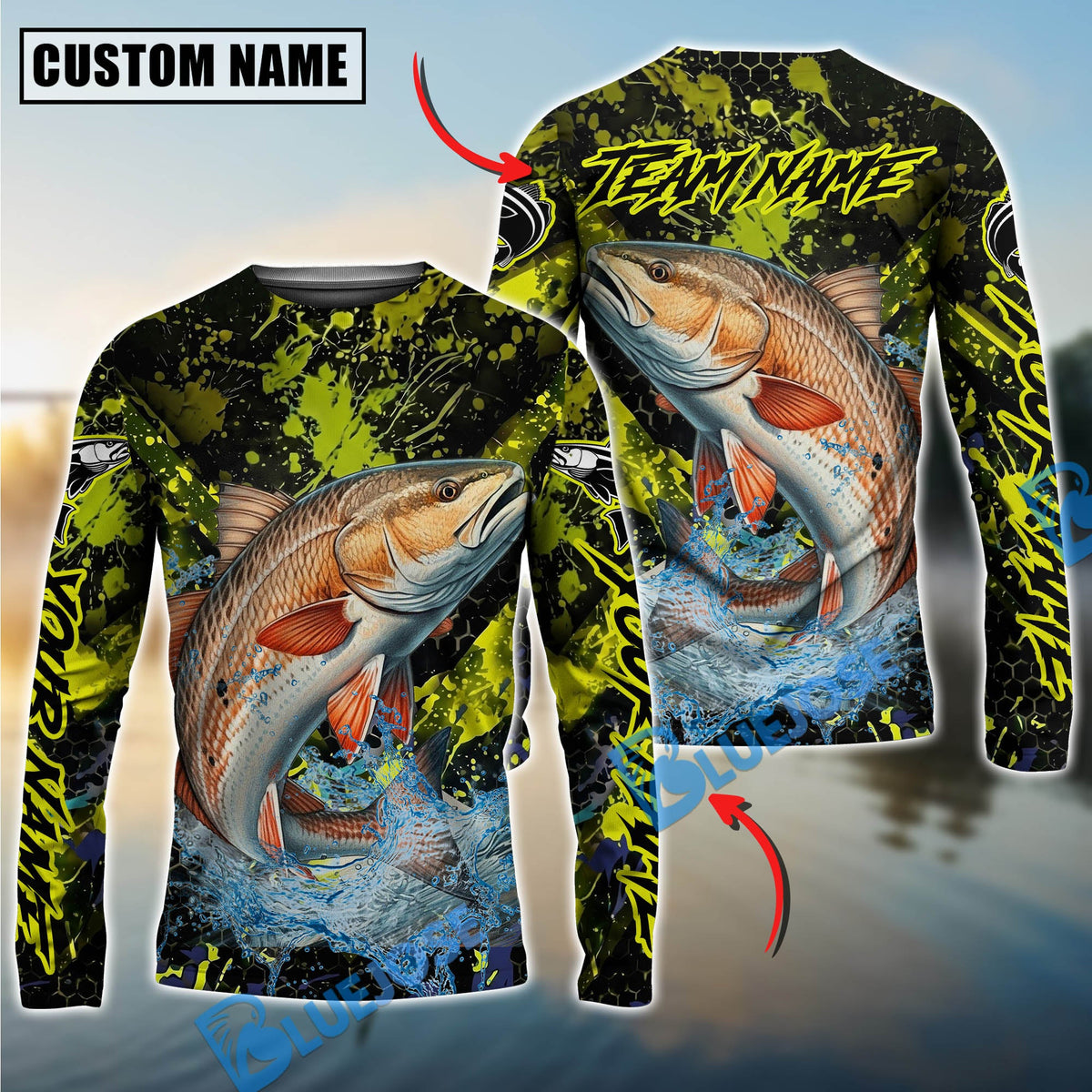 Bluejose Redfish Fishing Neon Splash Custom Name &amp; Team Name 3D Shirts