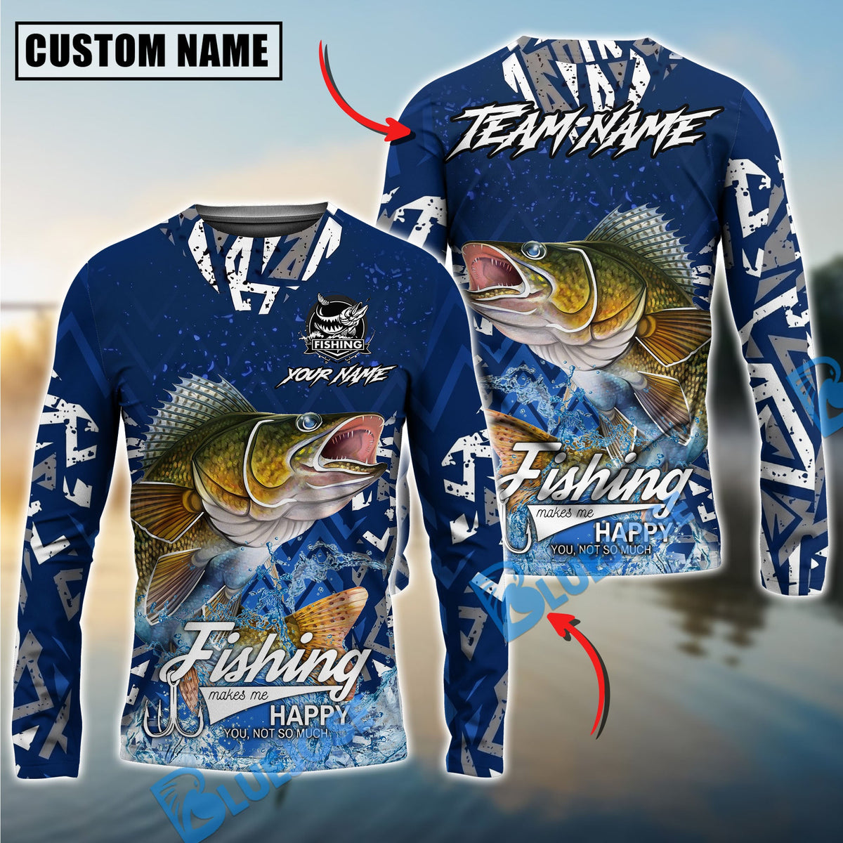 Bluejose Walleye Fishing Tribal Blue Custom Name &amp; Team Name 3D Shirts