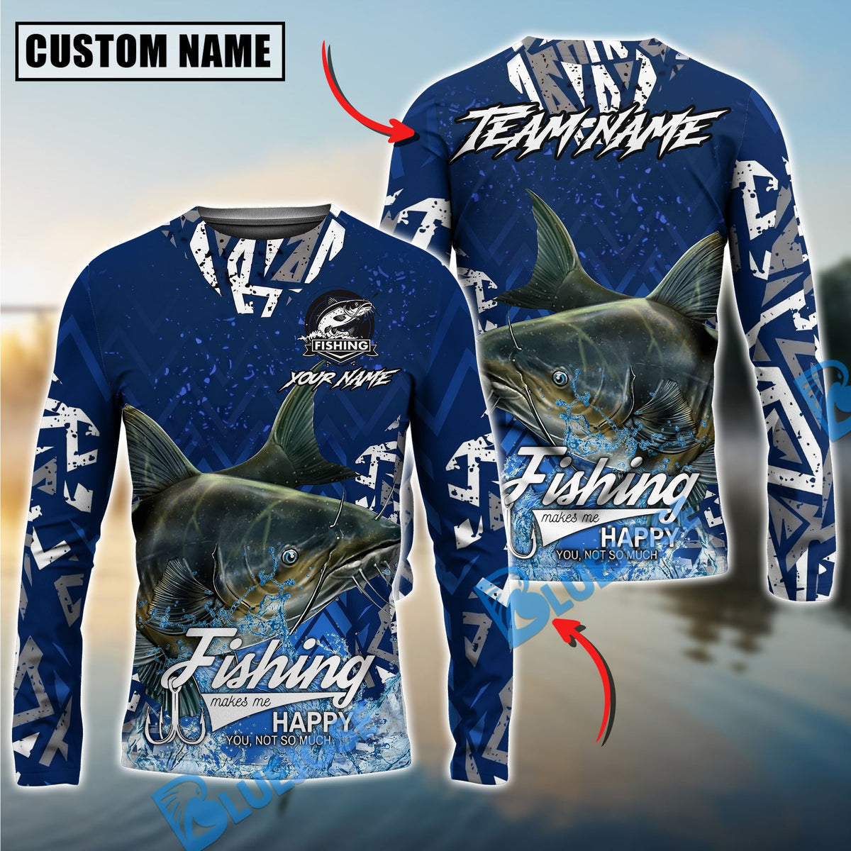 Bluejose Catfish Fishing Tribal Blue Custom Name &amp; Team Name 3D Shirts