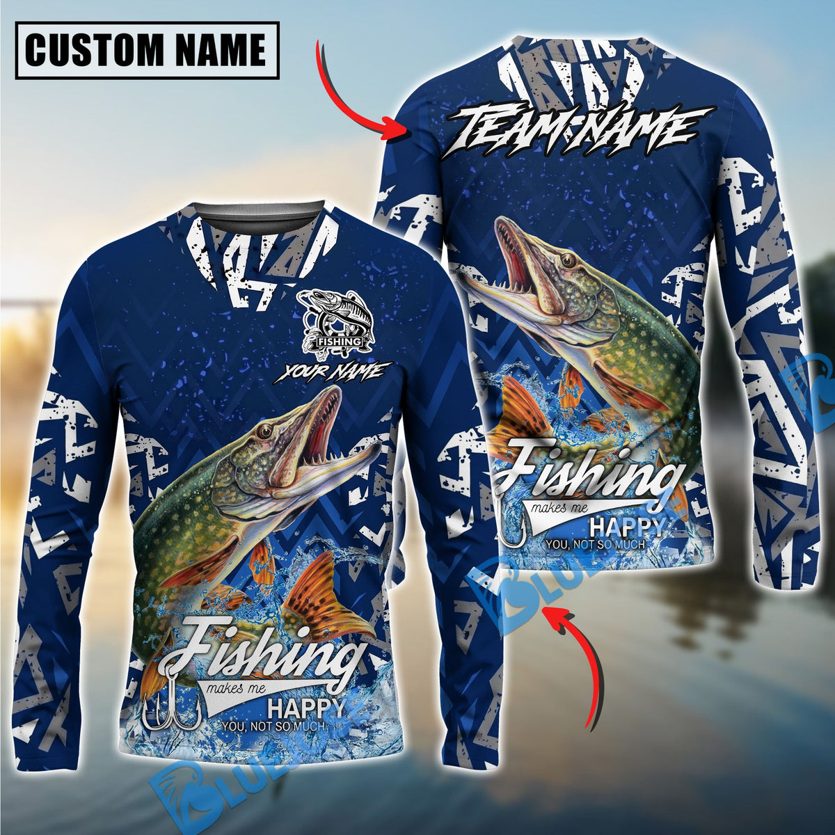 Bluejose Pike Fishing Tribal Blue Custom Name &amp; Team Name 3D Shirts