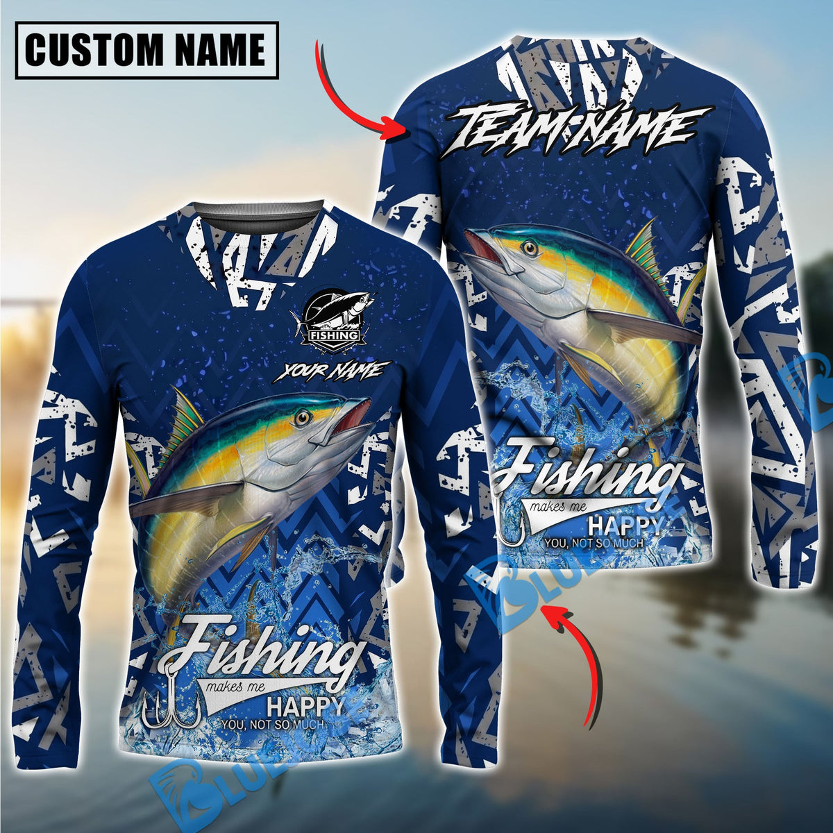 Bluejose Tuna Fishing Tribal Blue Custom Name &amp; Team Name 3D Shirts
