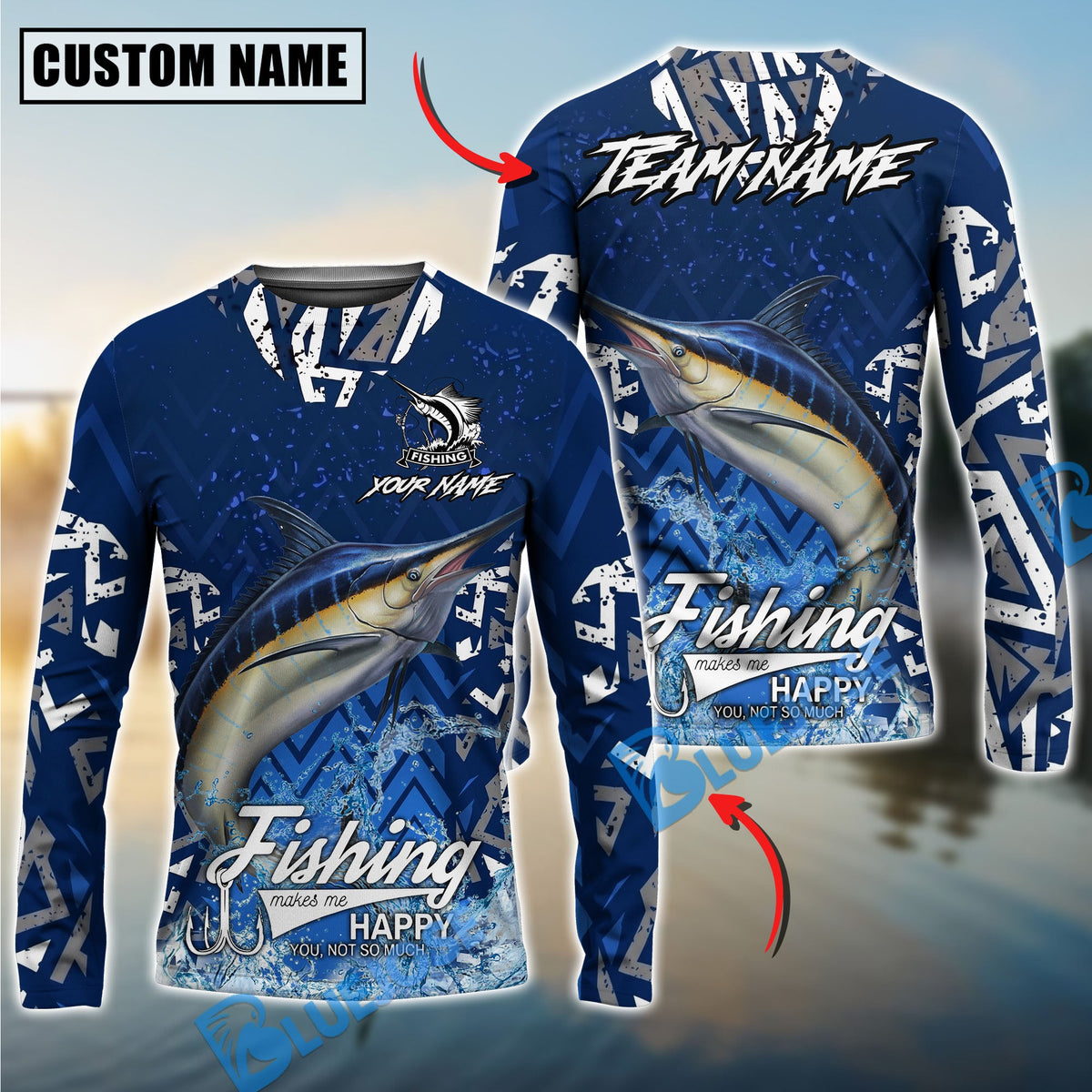 Bluejose Marlin Fishing Tribal Blue Custom Name &amp; Team Name 3D Shirts