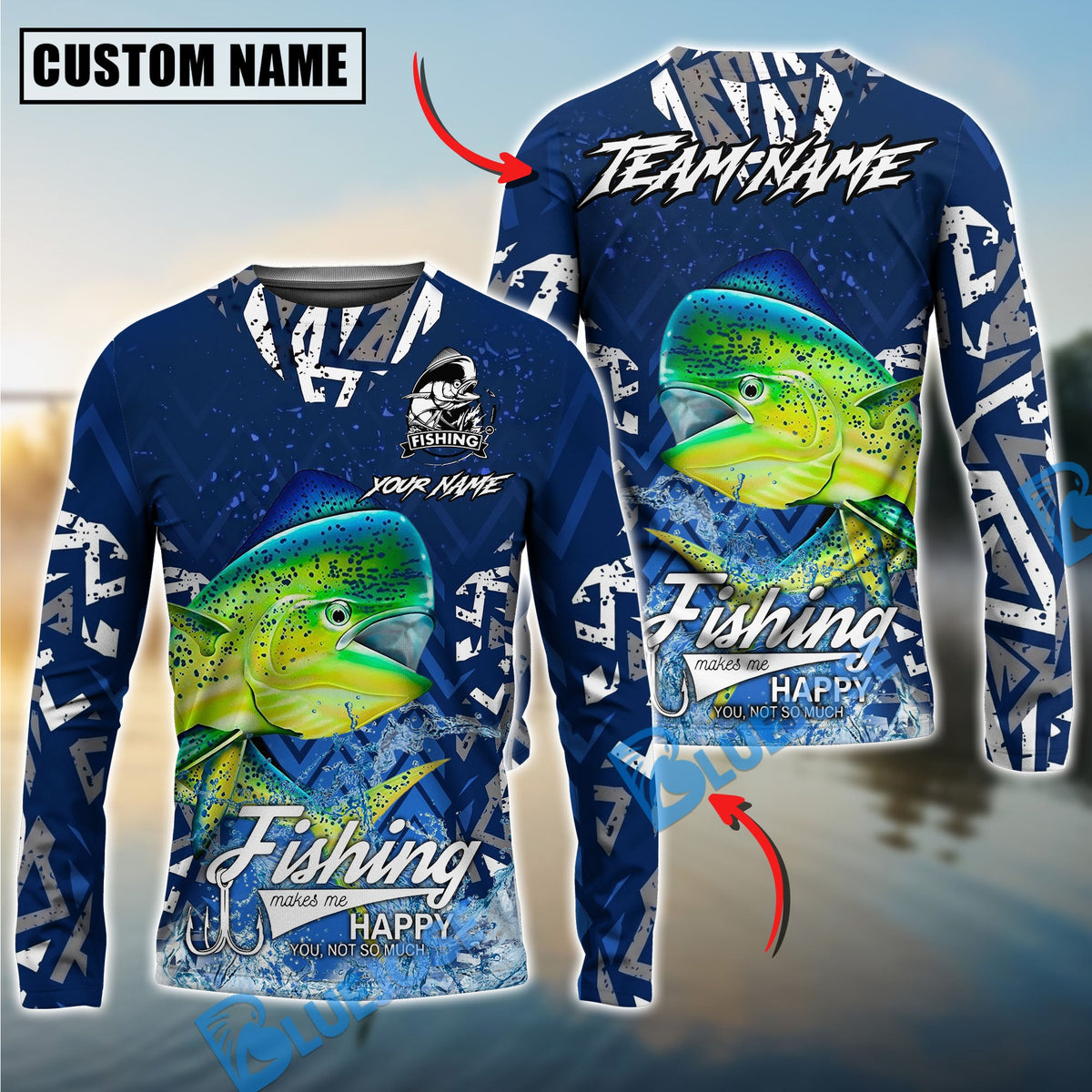 Bluejose Marhi-Mahi Fishing Tribal Blue Custom Name &amp; Team Name 3D Shirts