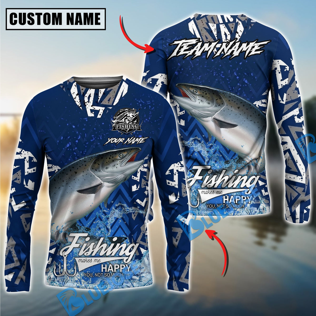 Bluejose Salmon Fishing Tribal Blue Custom Name &amp; Team Name 3D Shirts