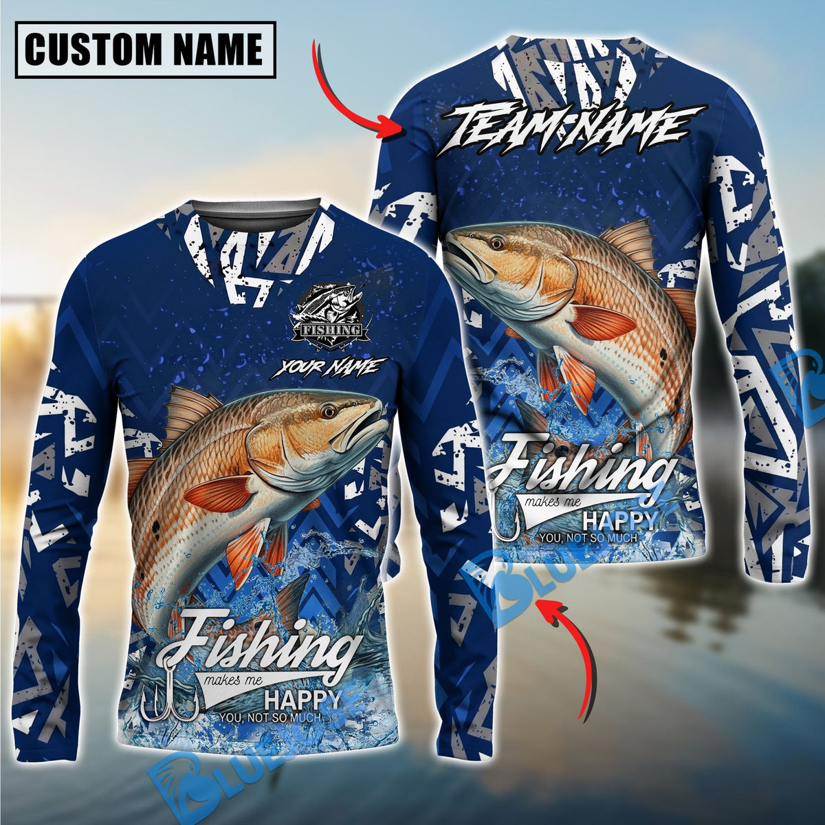 Bluejose Redfish Fishing Tribal Blue Custom Name &amp; Team Name 3D Shirts