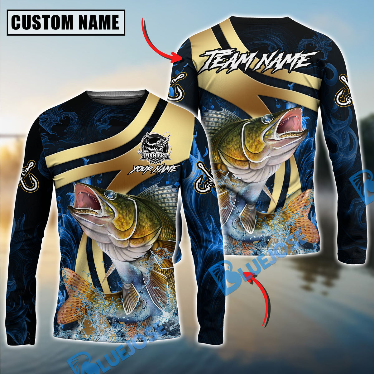 Bluejose Walleye Fishing Luxury Gold Wave Water Splash Design Custom Name &amp; Team Name 3D Shirts
