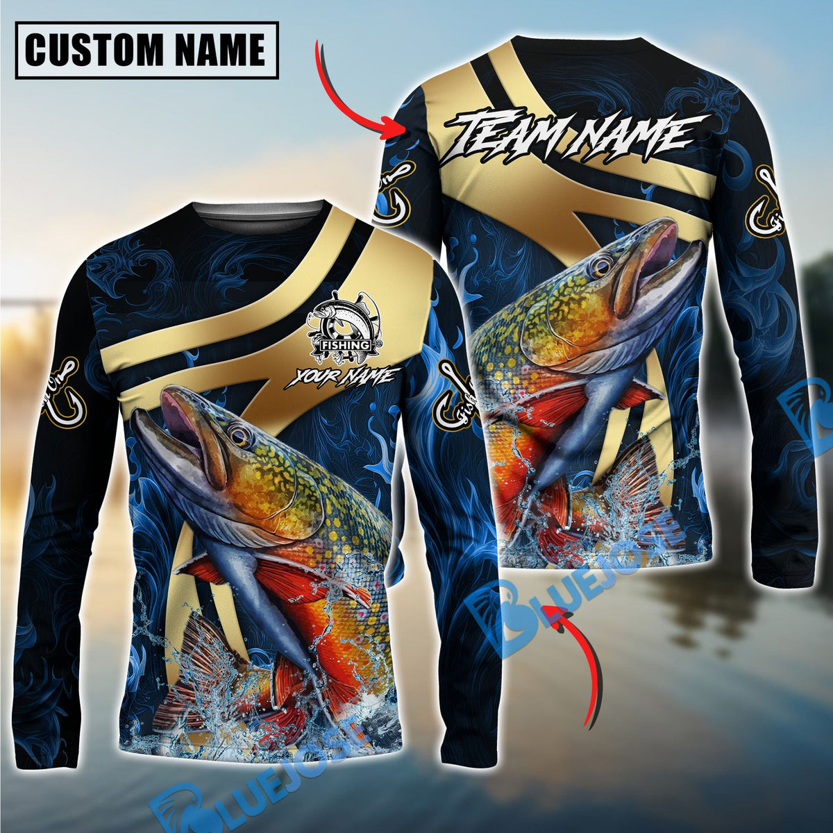 Bluejose Trout Fishing Luxury Gold Wave Water Splash Design Custom Name &amp; Team Name 3D Shirts