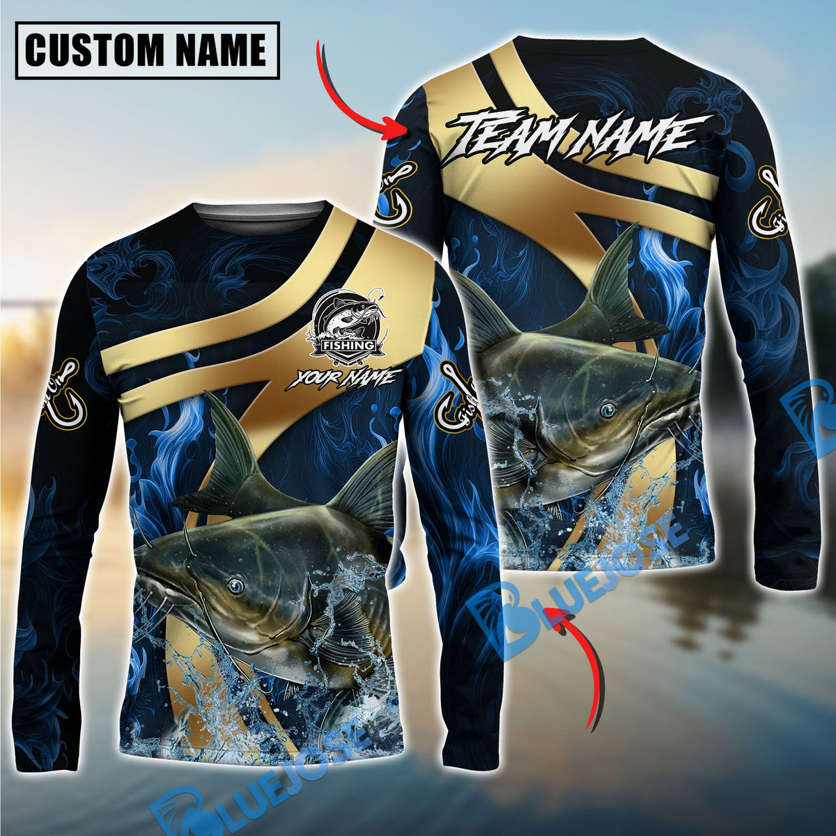 Bluejose Catfish Fishing Luxury Gold Wave Water Splash Design Custom Name &amp; Team Name 3D Shirts