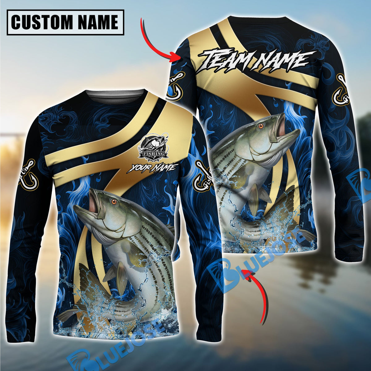 Bluejose Striped Bass Fishing Luxury Gold Wave Water Splash Design Custom Name &amp; Team Name 3D Shirts