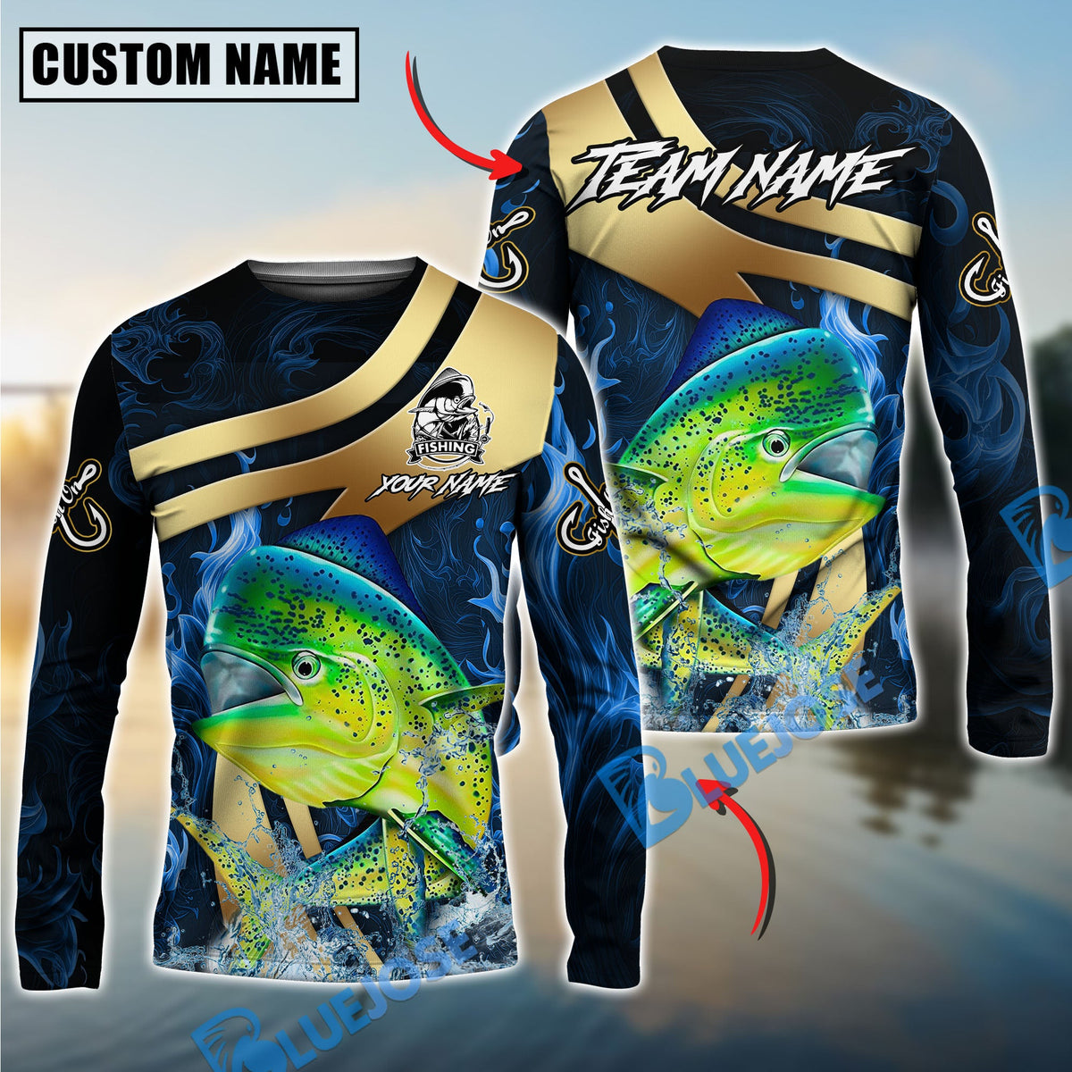 Bluejose Mahi-Mahi Fishing Luxury Gold Wave Water Splash Design Custom Name &amp; Team Name 3D Shirts