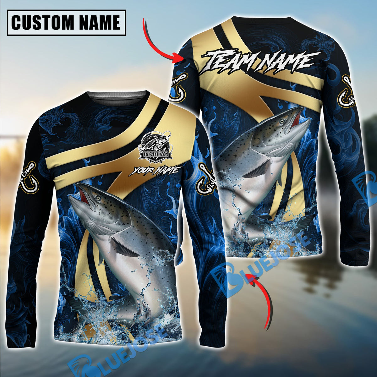 Bluejose Salmon Fishing Luxury Gold Wave Water Splash Design Custom Name &amp; Team Name 3D Shirts