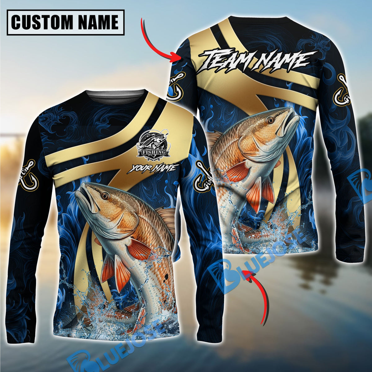 Bluejose Redfish Fishing Luxury Gold Wave Water Splash Design Custom Name &amp; Team Name 3D Shirts