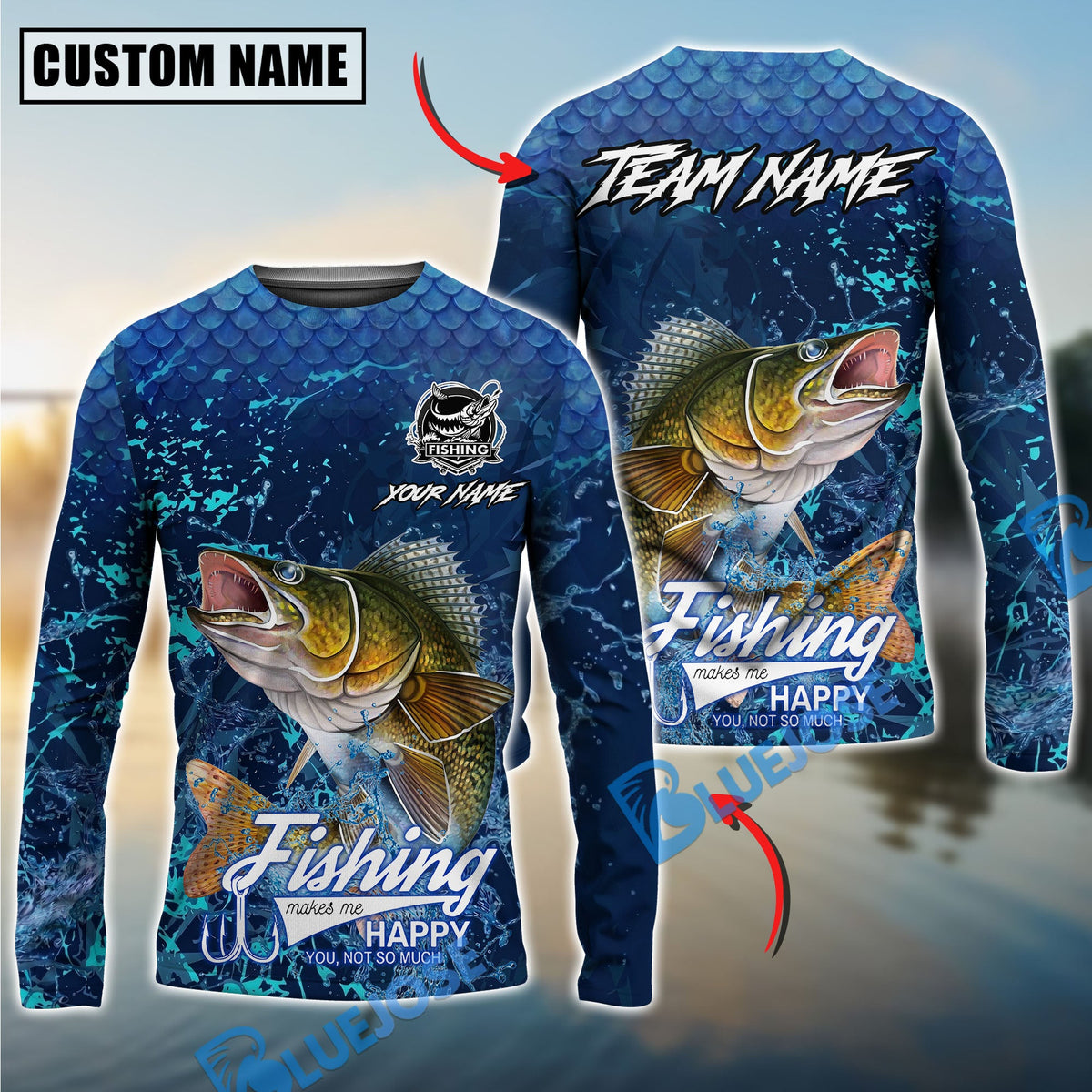 Bluejose Walleye Fishing Dark Water Splash Texture Design Custom Name &amp; Team Name 3D Shirts
