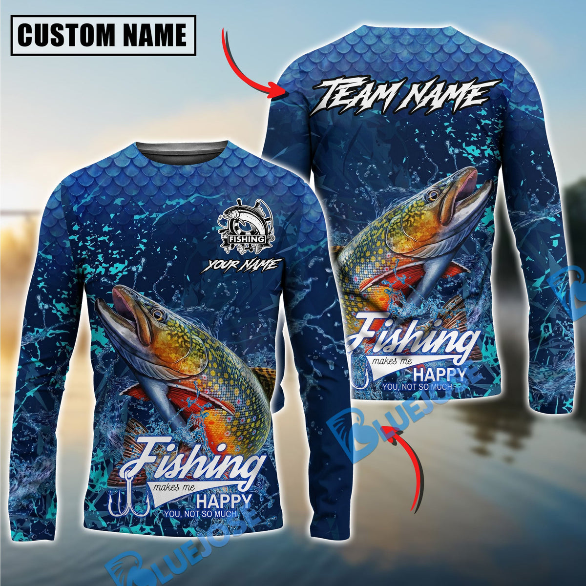 Bluejose Trout Fishing Dark Water Splash Texture Design Custom Name &amp; Team Name 3D Shirts