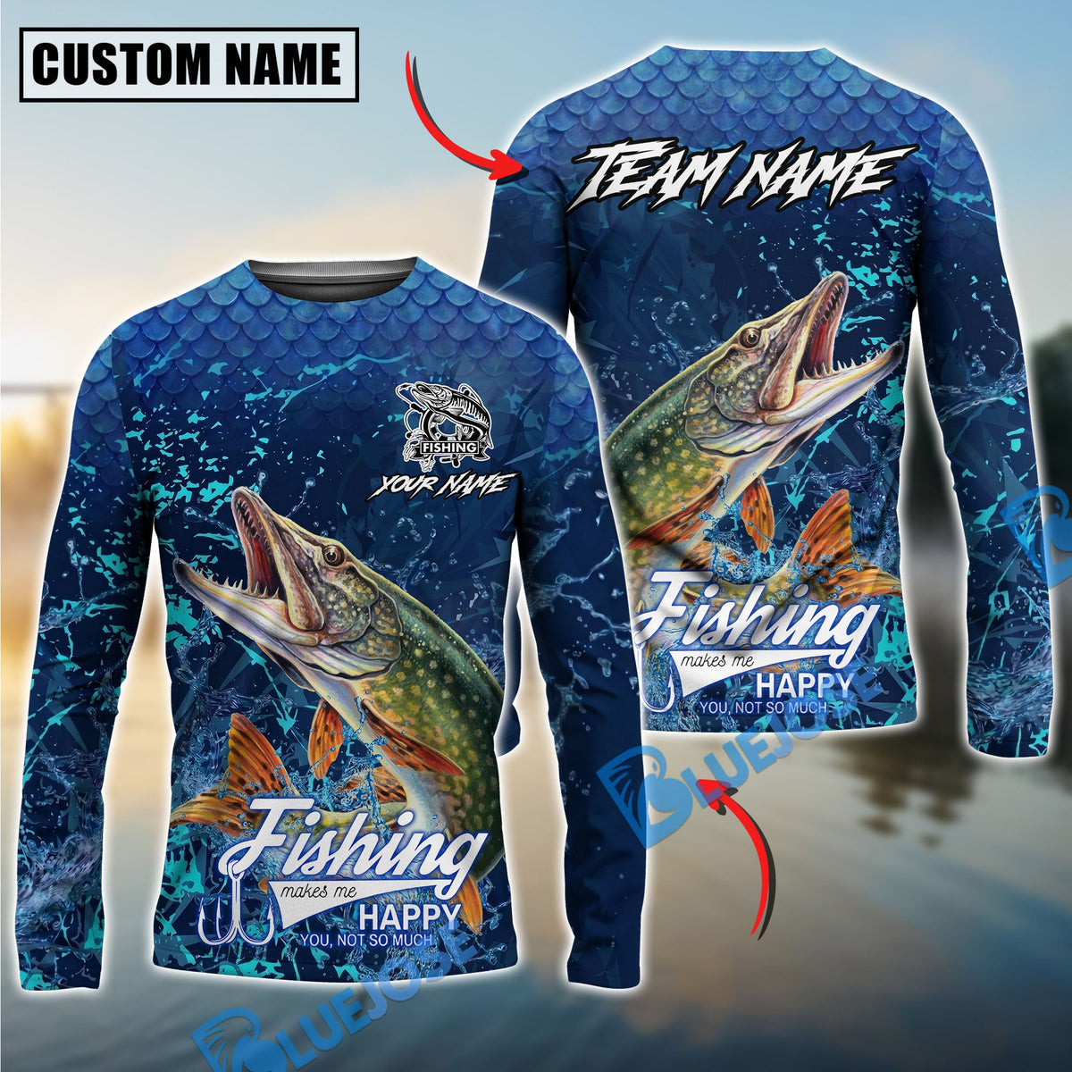 Bluejose Pike Fishing Dark Water Splash Texture Design Custom Name &amp; Team Name 3D Shirts