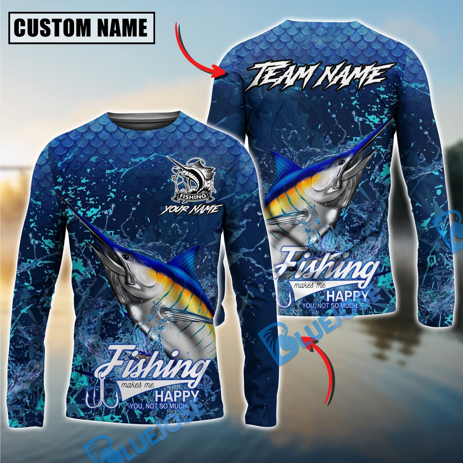 Bluejose Marlin Fishing Dark Water Splash Texture Design Custom Name & Team Name 3D Shirts