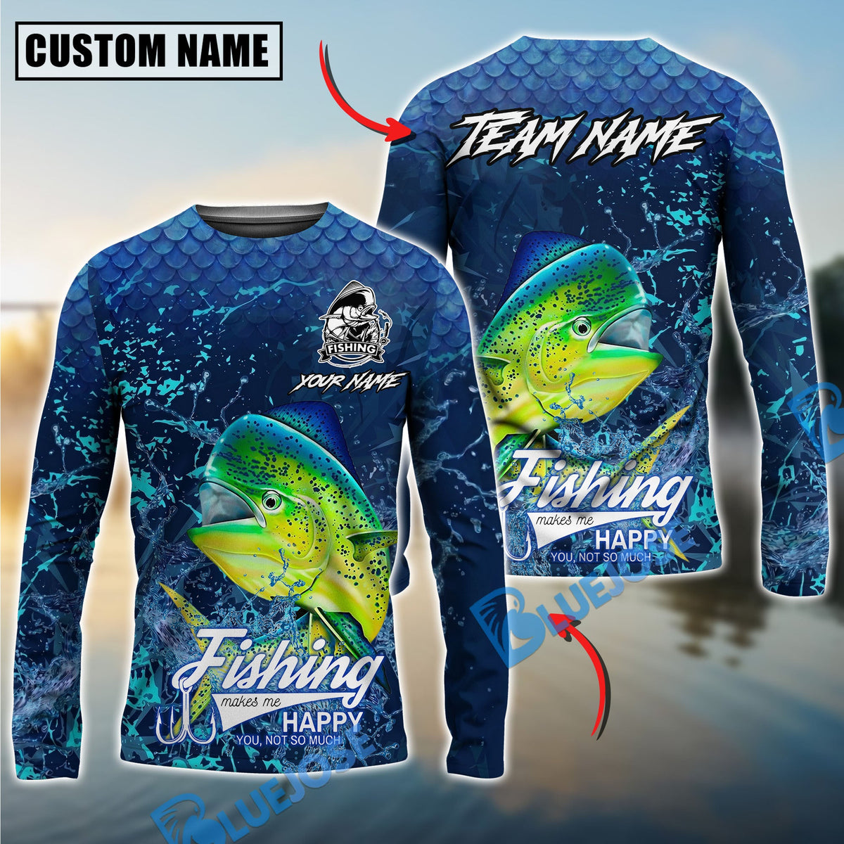 Bluejose Mahi-Mahi Fishing Dark Water Splash Texture Design Custom Name &amp; Team Name 3D Shirts