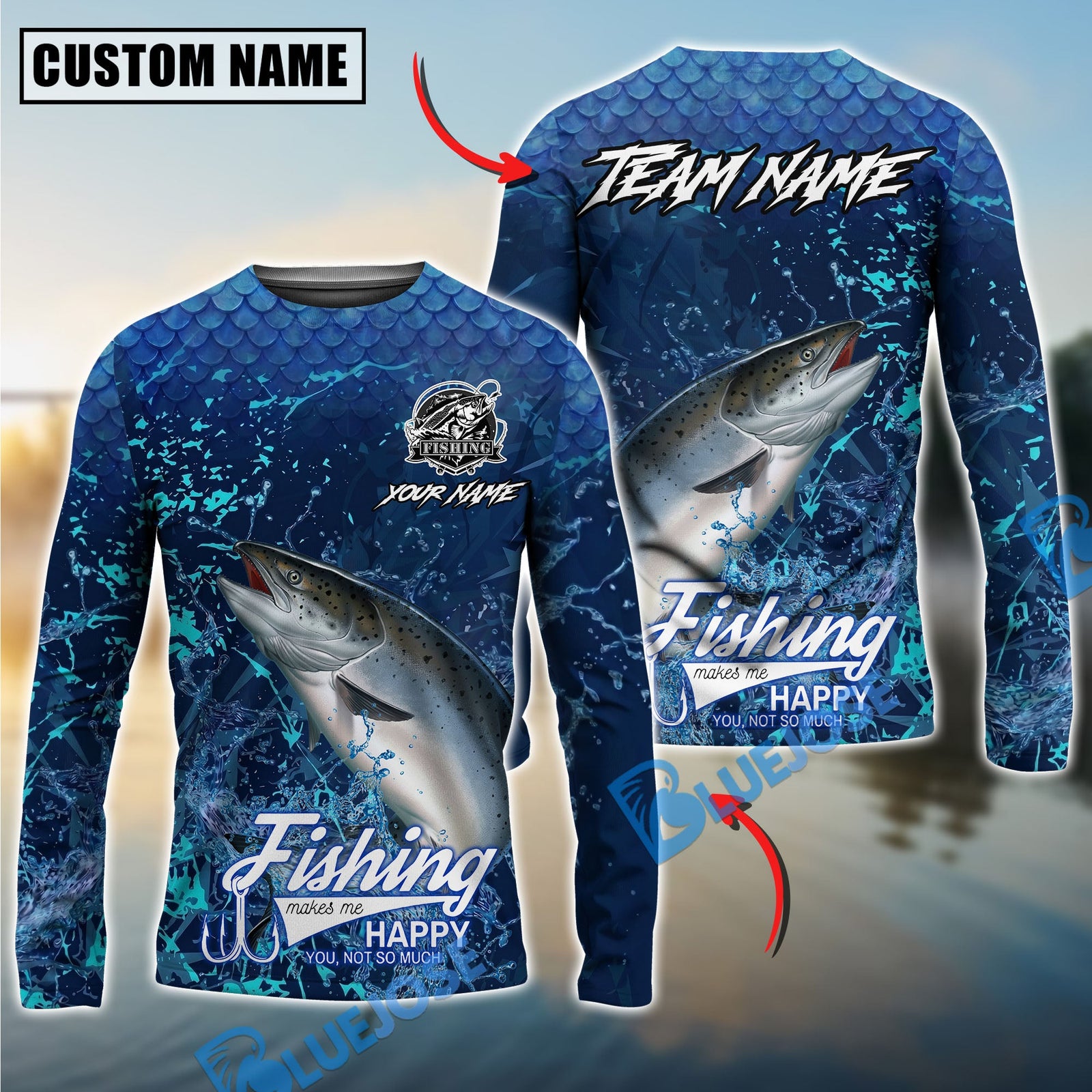 Bluejose Salmon Fishing Dark Water Splash Texture Design Custom Name & Team Name 3D Shirts