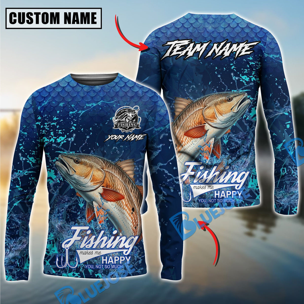Bluejose Redfish Fishing Dark Water Splash Texture Design Custom Name &amp; Team Name 3D Shirts