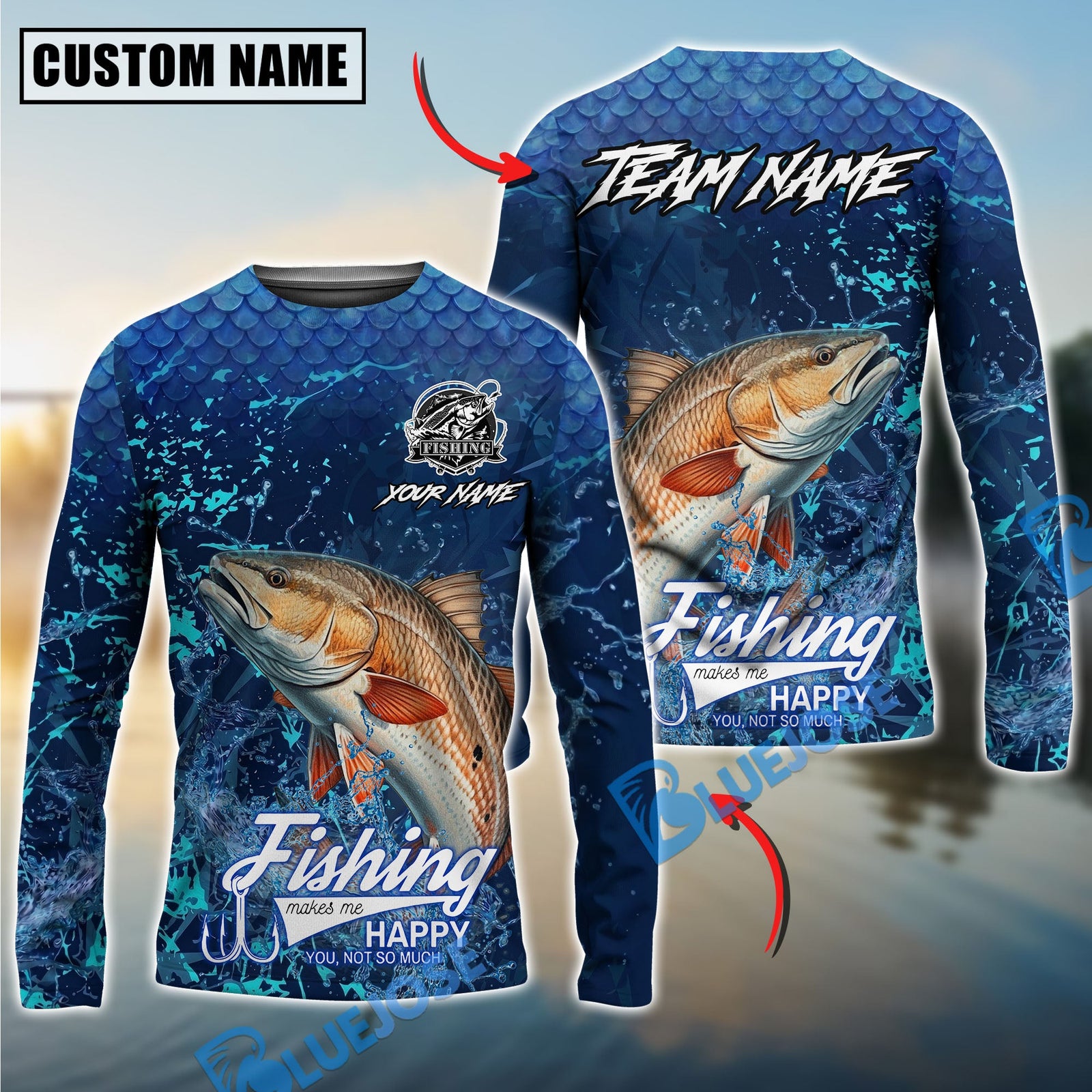Bluejose Redfish Fishing Dark Water Splash Texture Design Custom Name & Team Name 3D Shirts