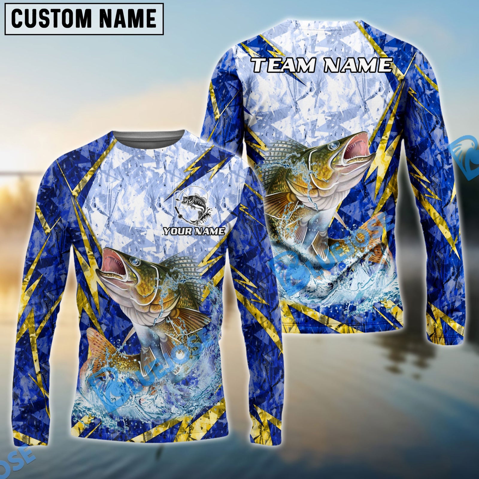 Bluejose Walleye Fishing Lightning Splash Blue Pattern Custom Name & Team Name 3D Shirts