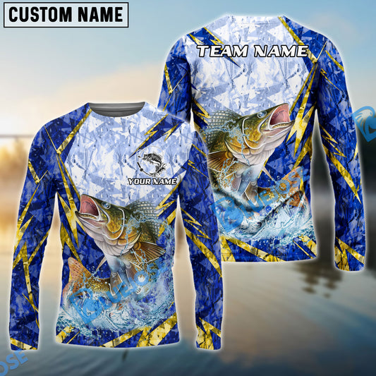 Bluejose Walleye Fishing Lightning Splash Blue Pattern Custom Name & Team Name 3D Shirts