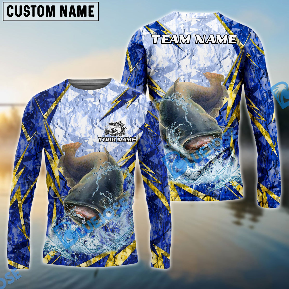 Bluejose Catfish Fishing Lightning Splash Blue Pattern Custom Name &amp; Team Name 3D Shirts