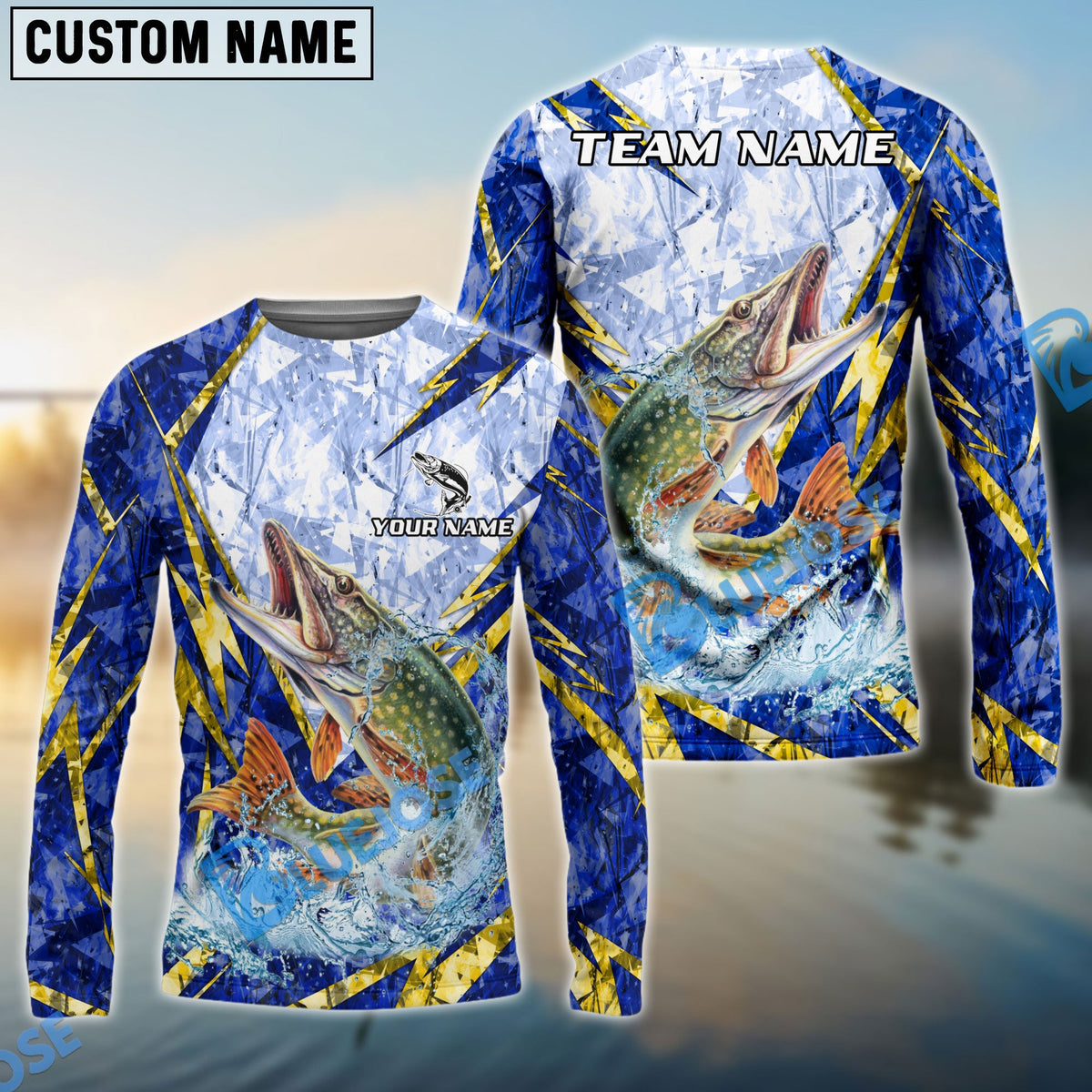 Bluejose Pike Fishing Lightning Splash Blue Pattern Custom Name &amp; Team Name 3D Shirts