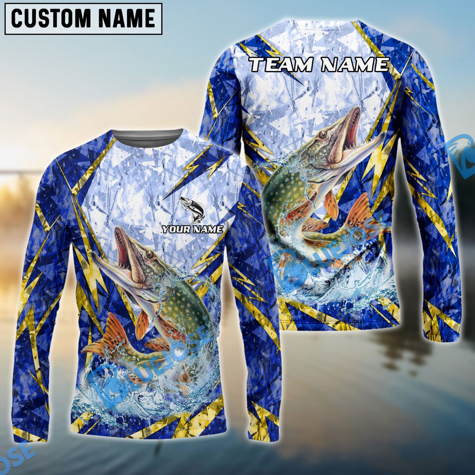 Bluejose Pike Fishing Lightning Splash Blue Pattern Custom Name & Team Name 3D Shirts