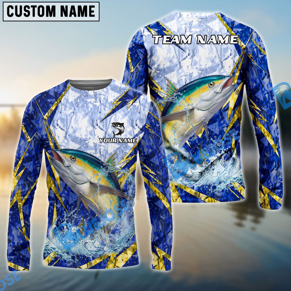 Bluejose Tuna Fishing Lightning Splash Blue Pattern Custom Name &amp; Team Name 3D Shirts