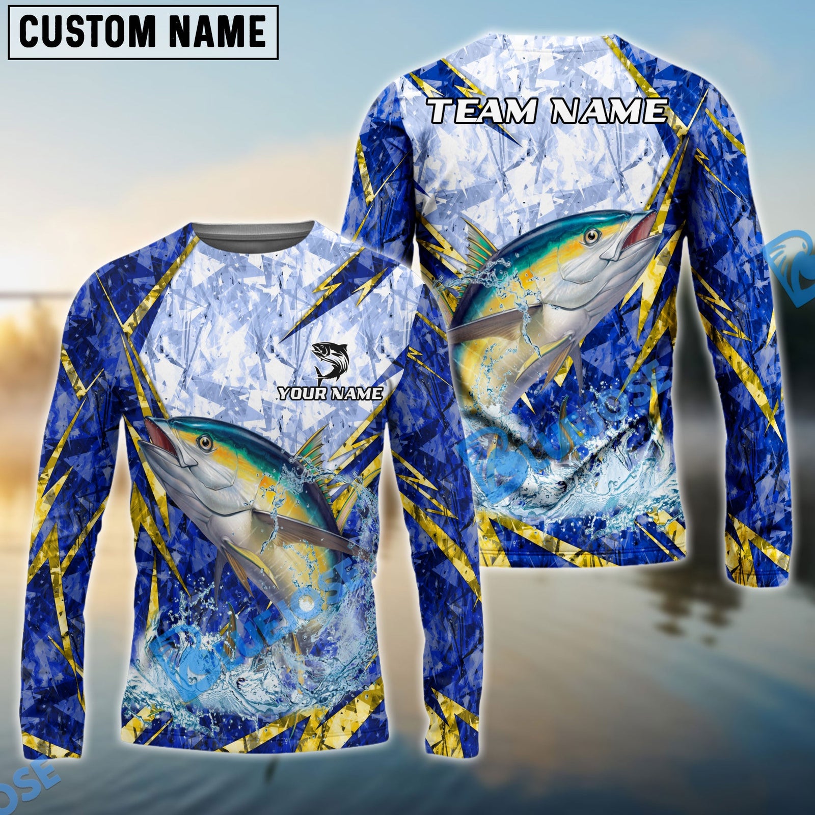 Bluejose Tuna Fishing Lightning Splash Blue Pattern Custom Name & Team Name 3D Shirts
