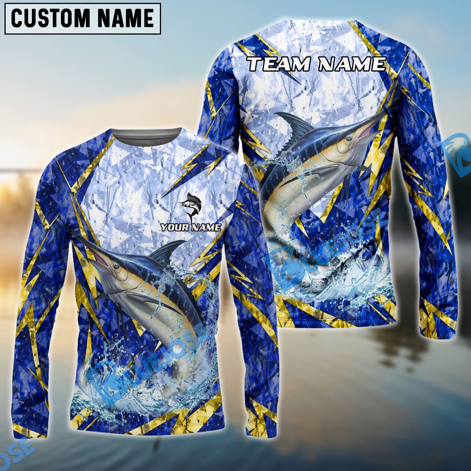Bluejose Marlin Fishing Lightning Splash Blue Pattern Custom Name & Team Name 3D Shirts