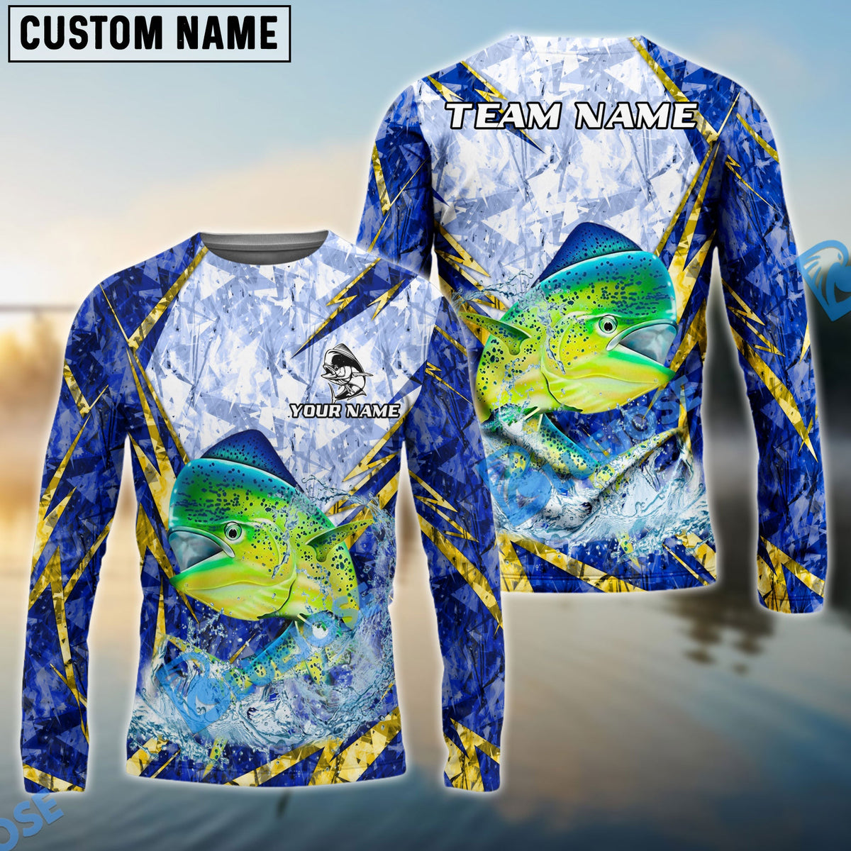 Bluejose Mahi-Mahi Fishing Lightning Splash Blue Pattern Custom Name &amp; Team Name 3D Shirts