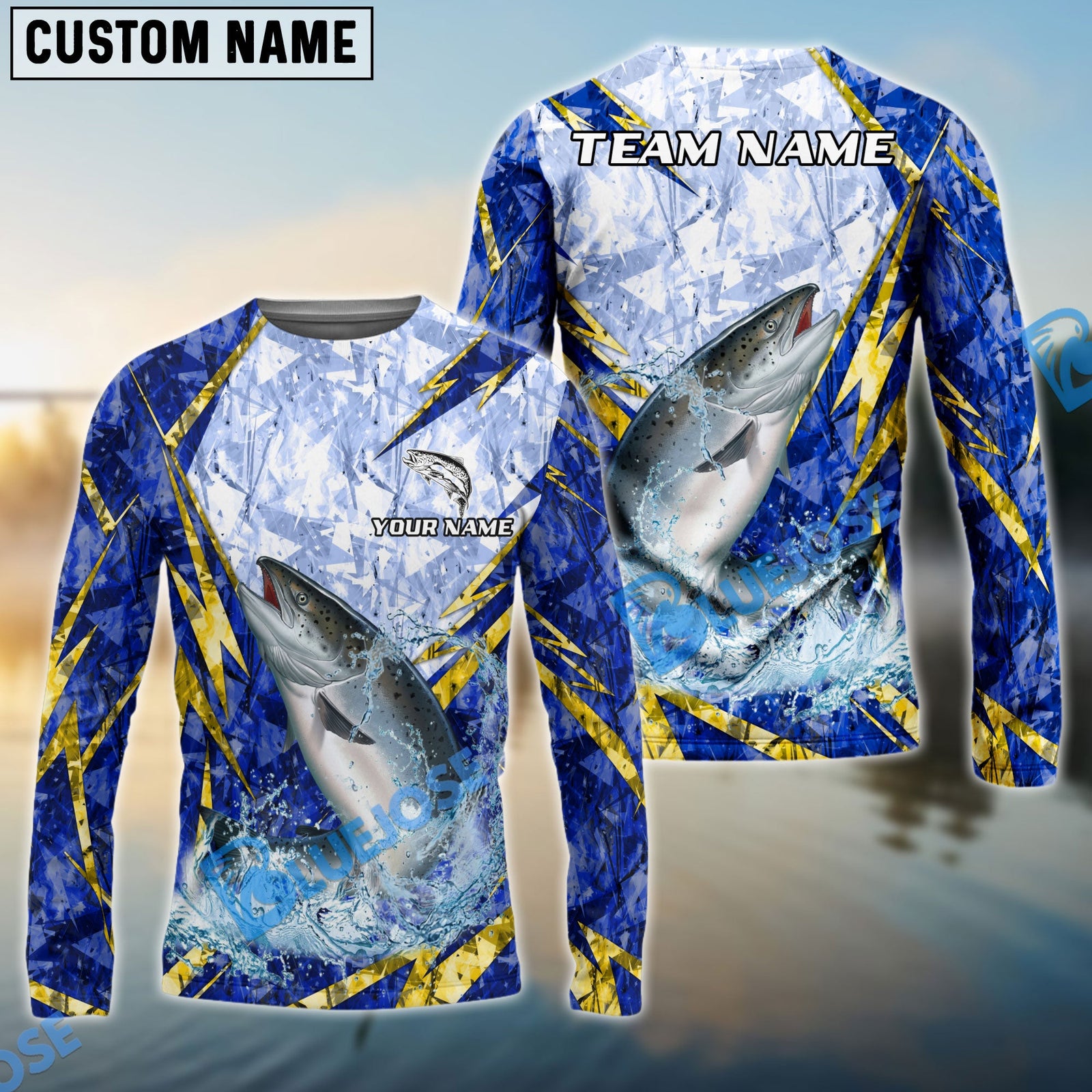 Bluejose Salmon Fishing Lightning Splash Blue Pattern Custom Name & Team Name 3D Shirts