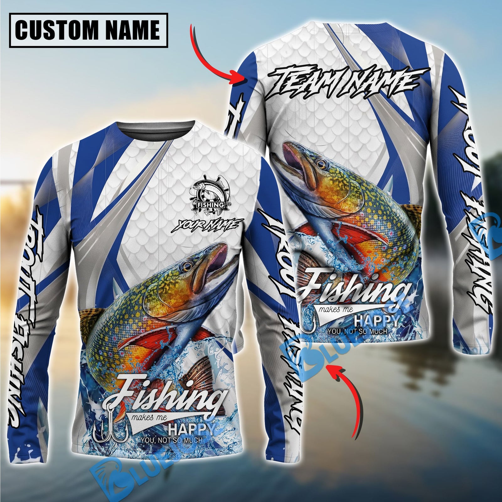 Bluejose Trout Fishing White Scale Pattern Custom Name & Team Name 3D Shirts