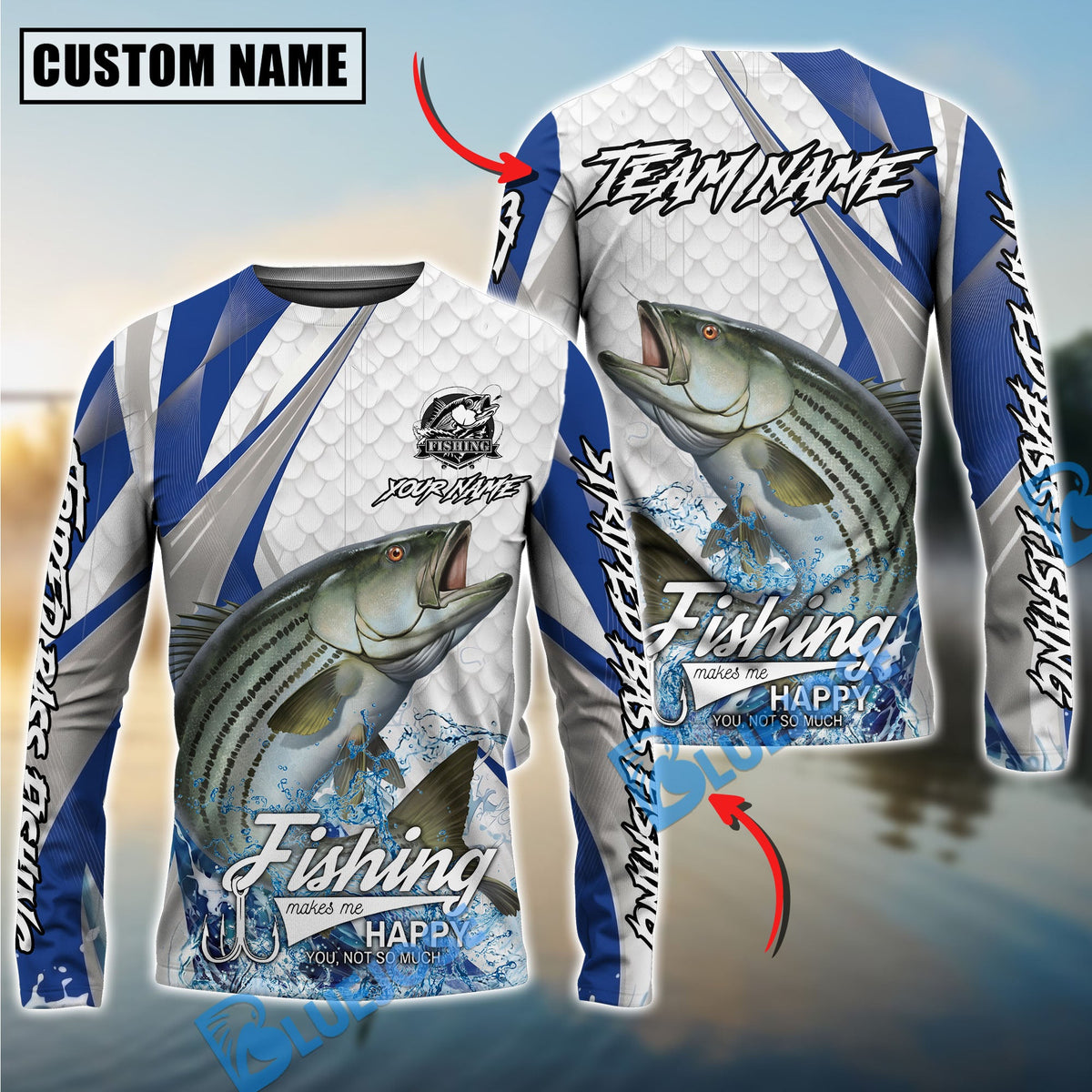 Bluejose Striped Bass Fishing White Scale Pattern Custom Name &amp; Team Name 3D Shirts