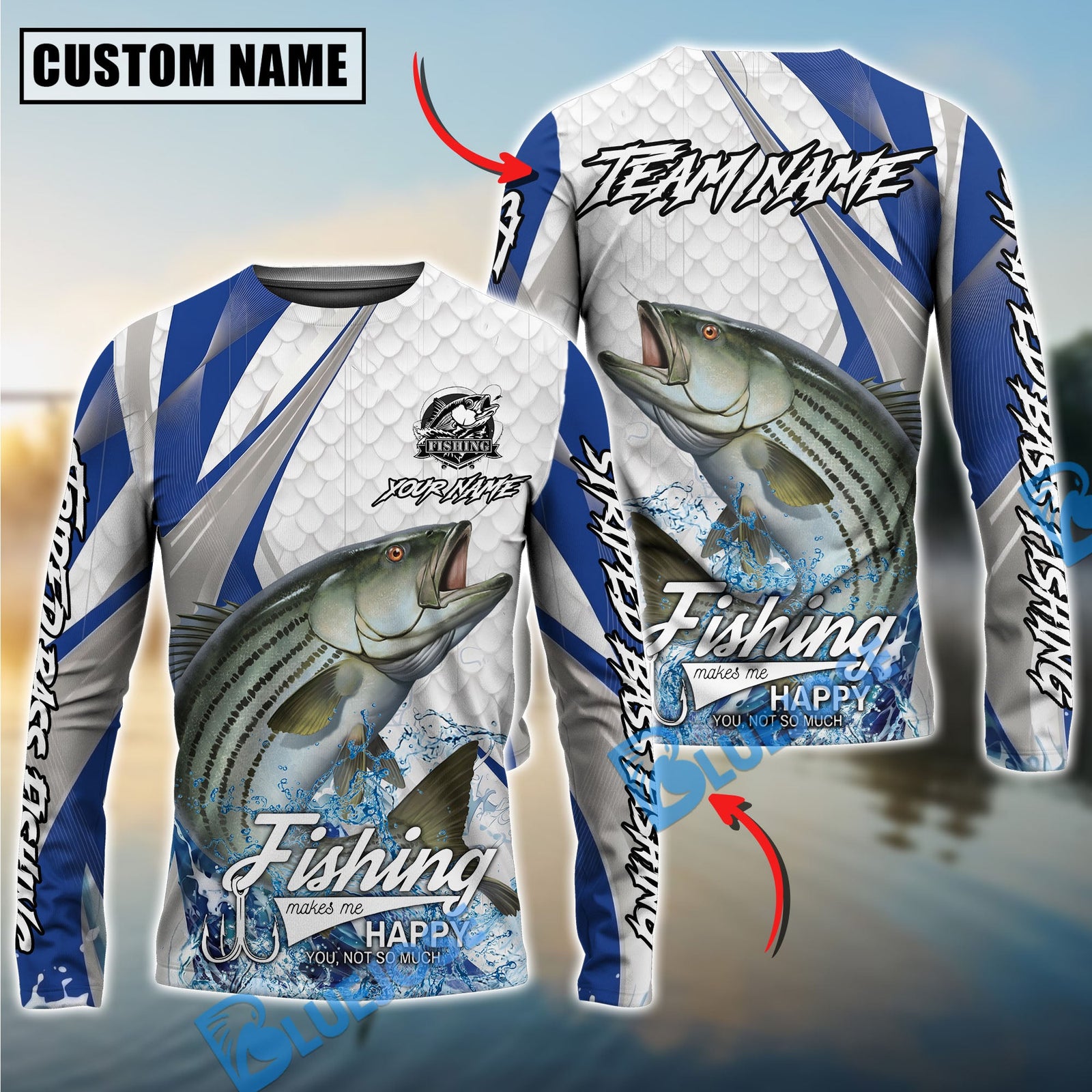 Bluejose Striped Bass Fishing White Scale Pattern Custom Name & Team Name 3D Shirts