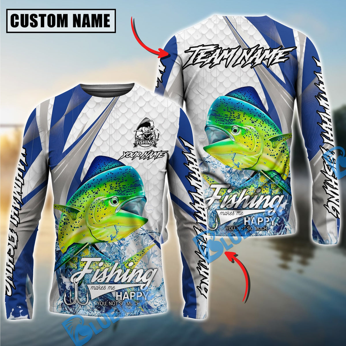 Bluejose Mahi-Mahi Fishing White Scale Pattern Custom Name &amp; Team Name 3D Shirts