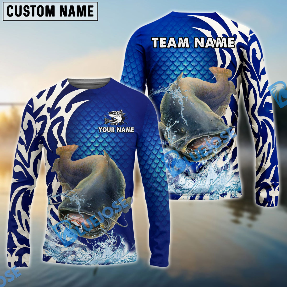 Bluejose Catfish Fishing Scale Pattern Tribal Style Custom Name &amp; Team Name 3D Shirts