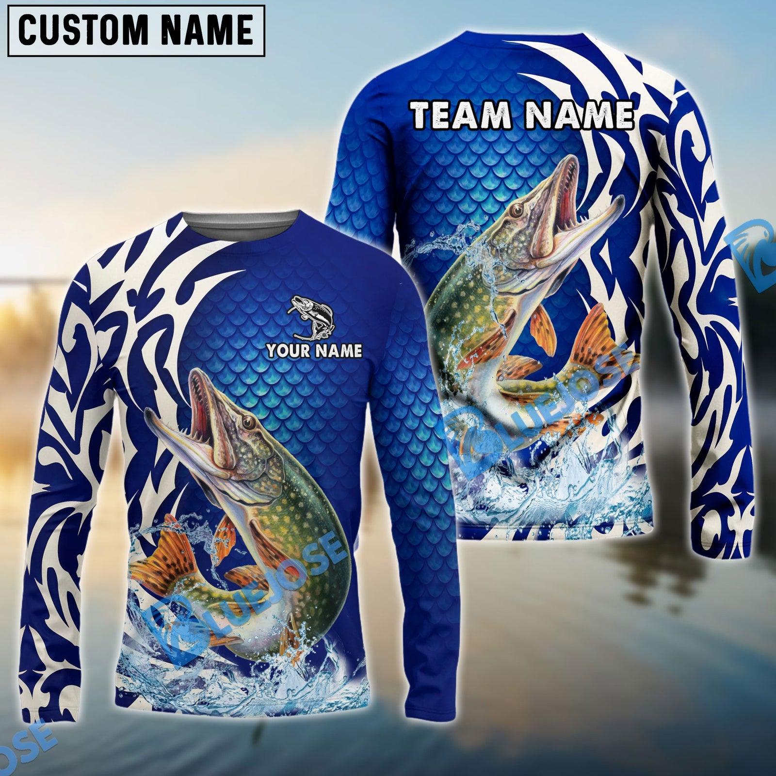 Bluejose Pike Fishing Scale Pattern Tribal Style Custom Name & Team Name 3D Shirts