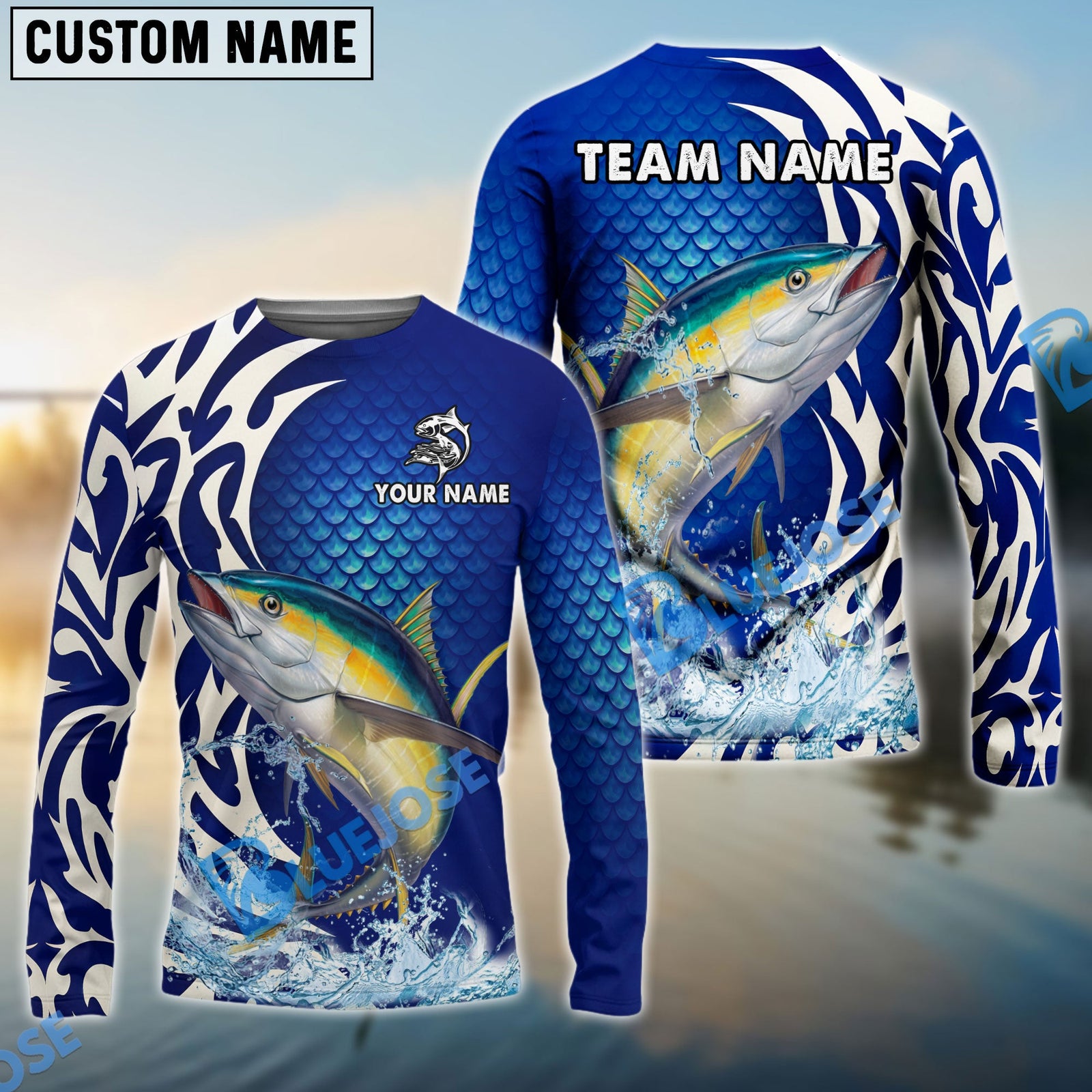 Bluejose Tuna Fishing Scale Pattern Tribal Style Custom Name & Team Name 3D Shirts