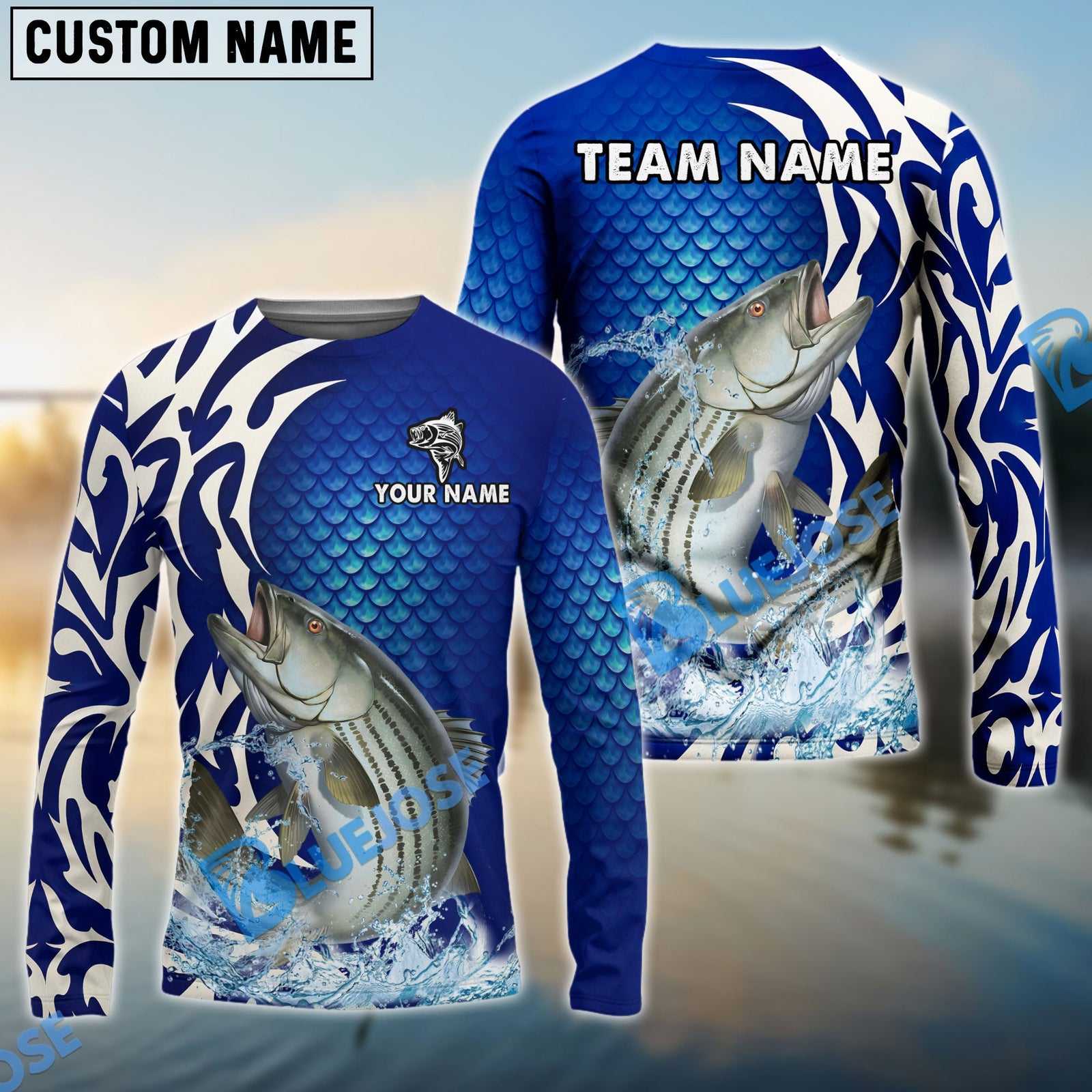 Bluejose Striped Bass Fishing Scale Pattern Tribal Style Custom Name & Team Name 3D Shirts
