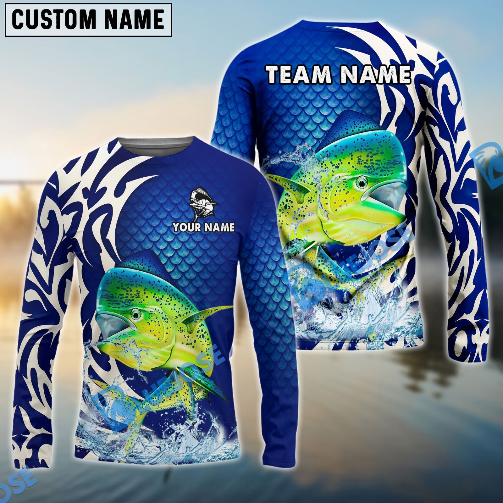 Bluejose Mahi-Mahi Fishing Scale Pattern Tribal Style Custom Name & Team Name 3D Shirts