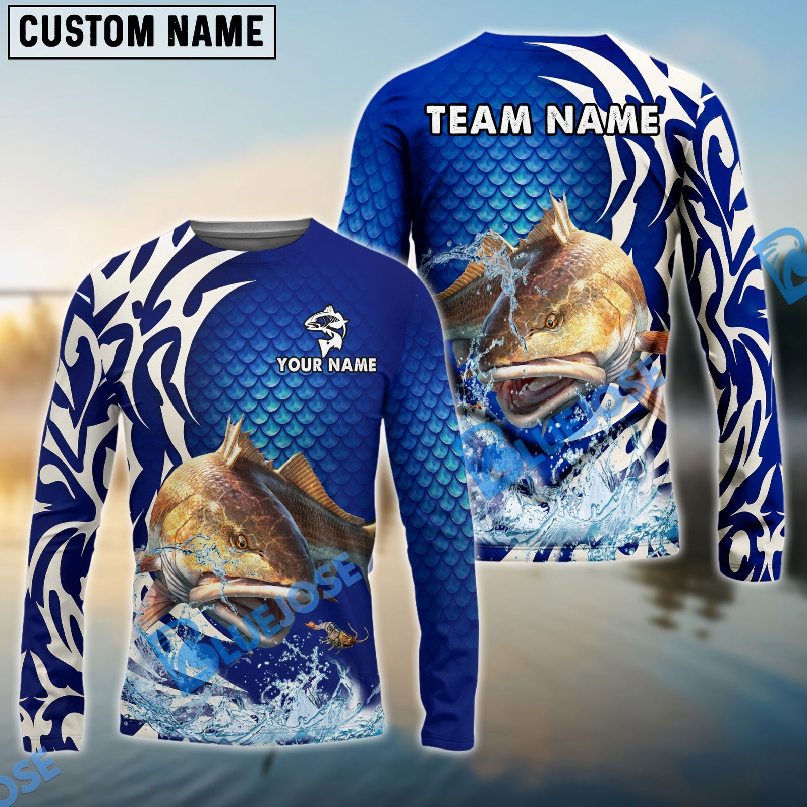 Bluejose Redfish Fishing Scale Pattern Tribal Style Custom Name & Team Name 3D Shirts