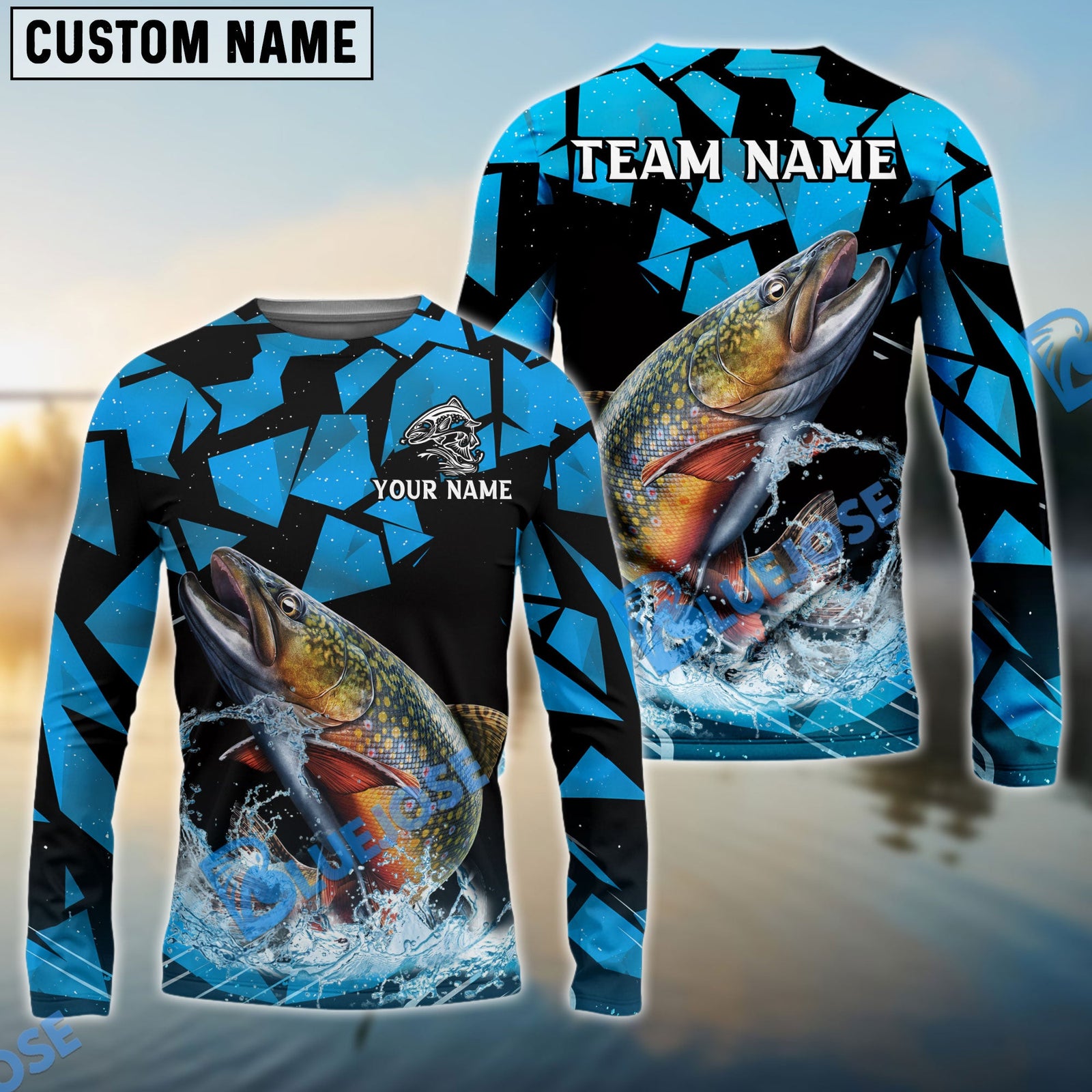 Bluejose Trout Fishing Geometric Camouflage Splash Art Custom Name & Team Name 3D Shirts